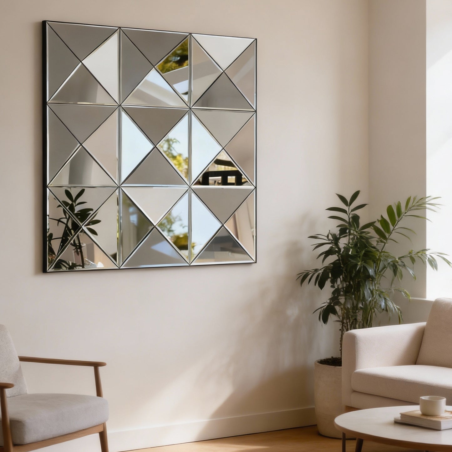 beveled glass mirror with dimensional design in livingroom