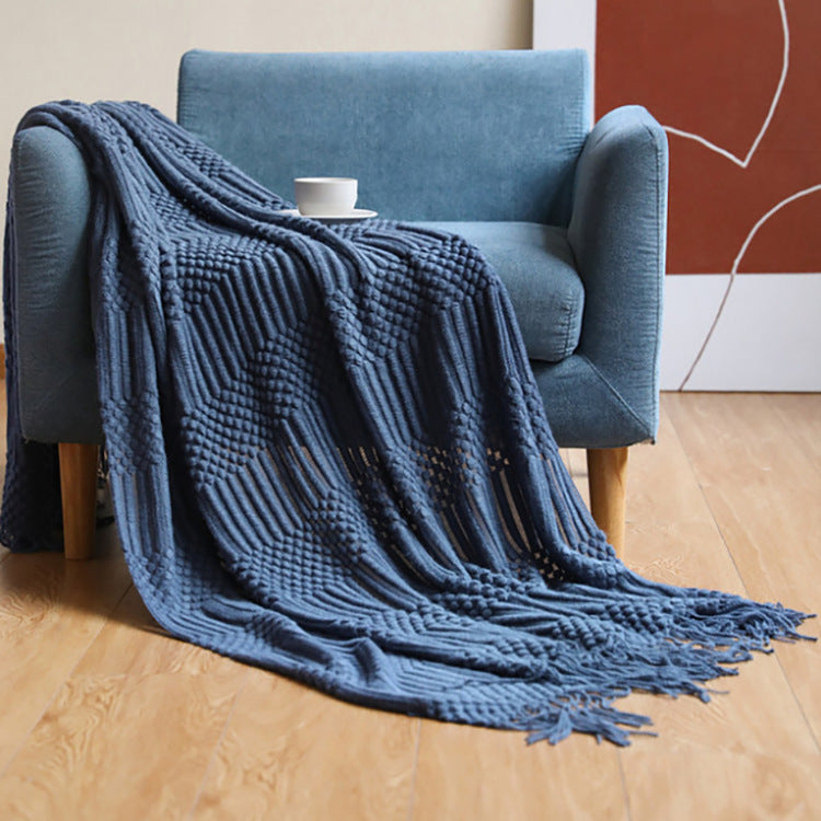 chenille tassel blanket beige sofa cozy living room