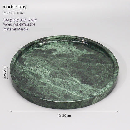 Green marble tray with dimensions and material details on a white background