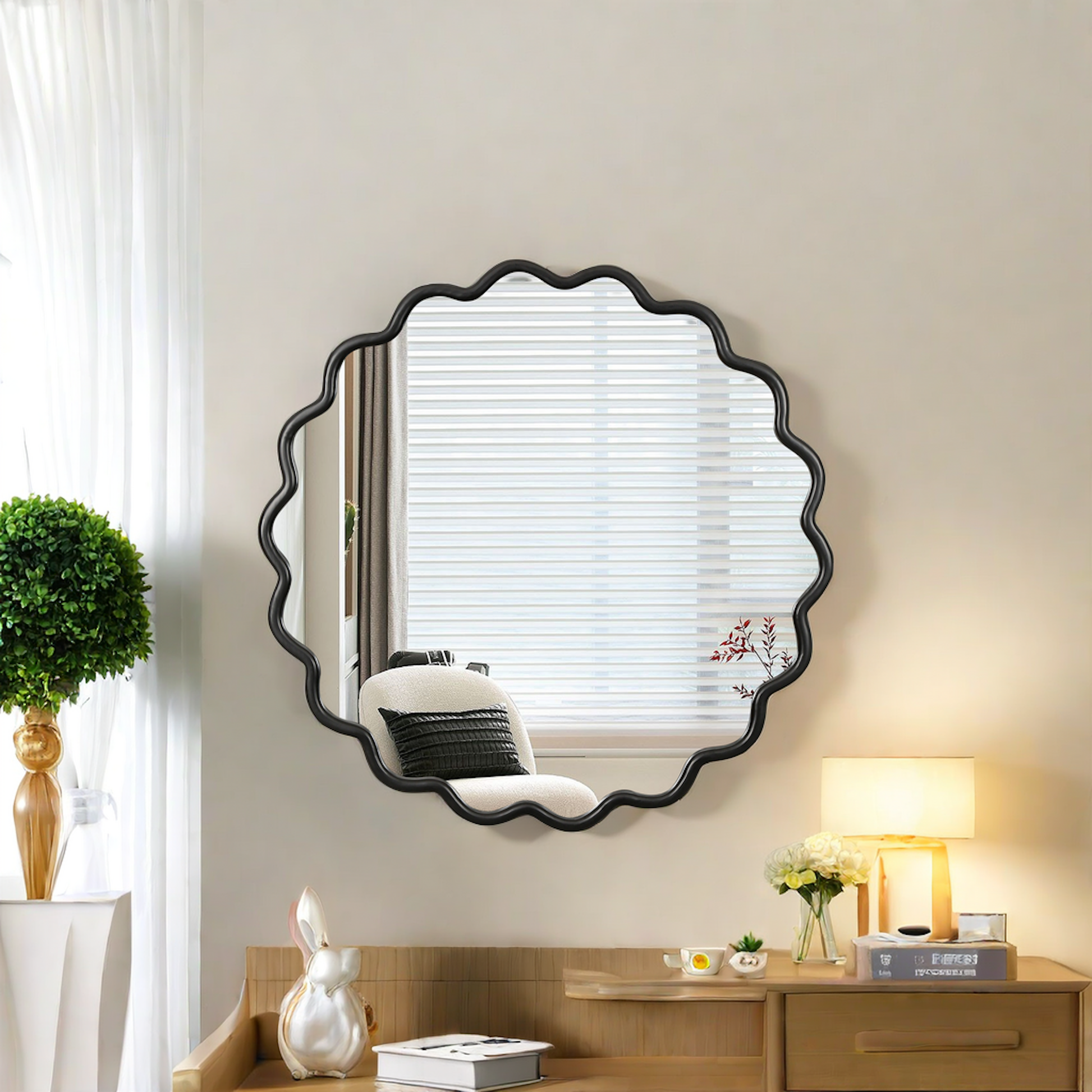 sculptural 36x36 wood frame mirror in minimalist interior