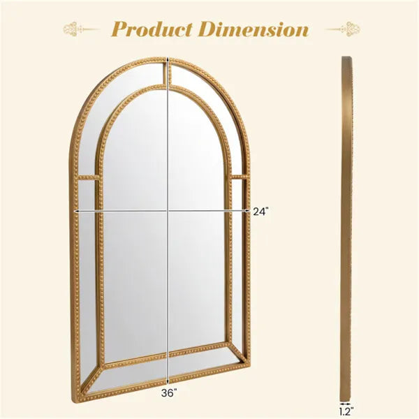 Gold-framed arch mirror with dimensions on a beige background