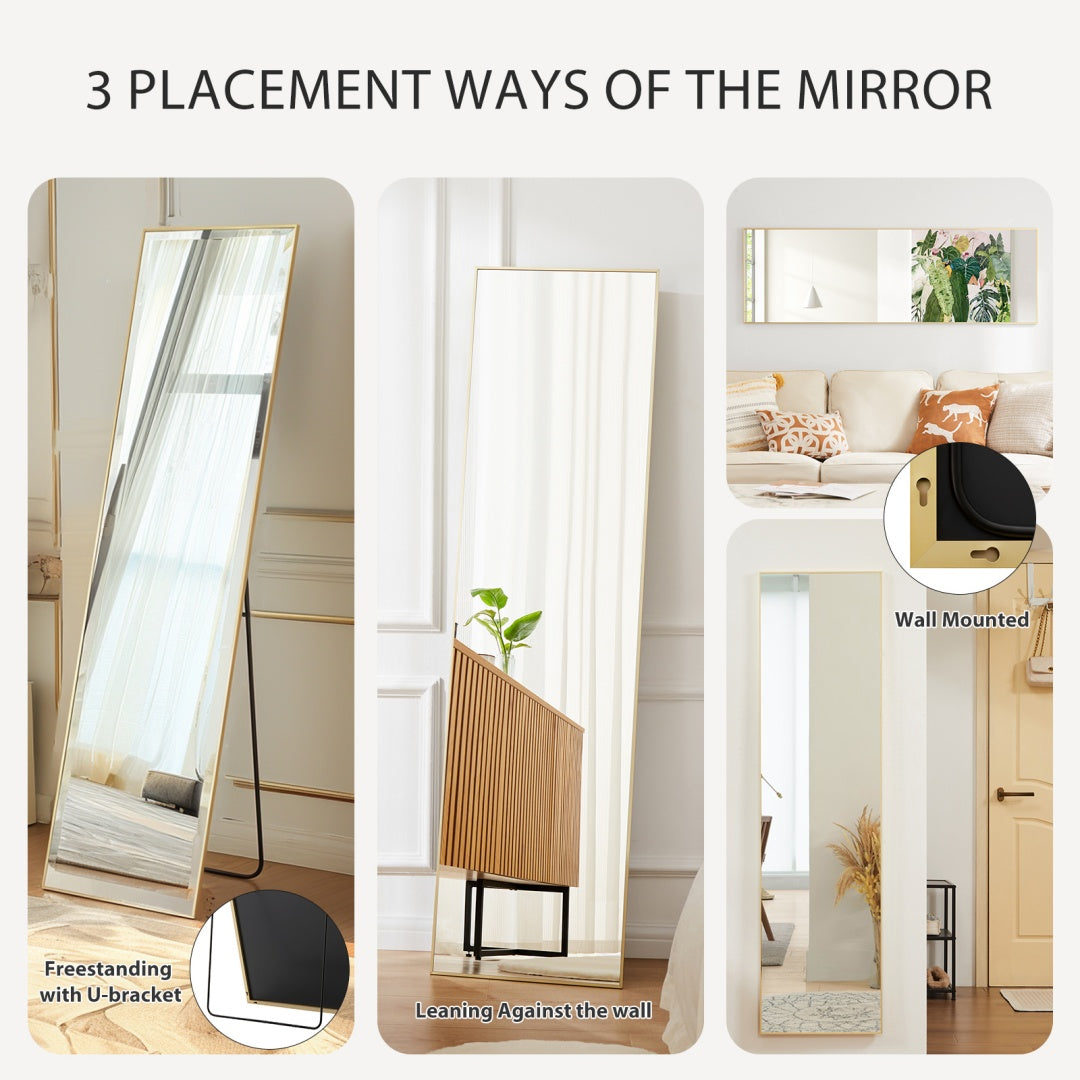 rectangular floor mirror leaning against wall in minimalist space
