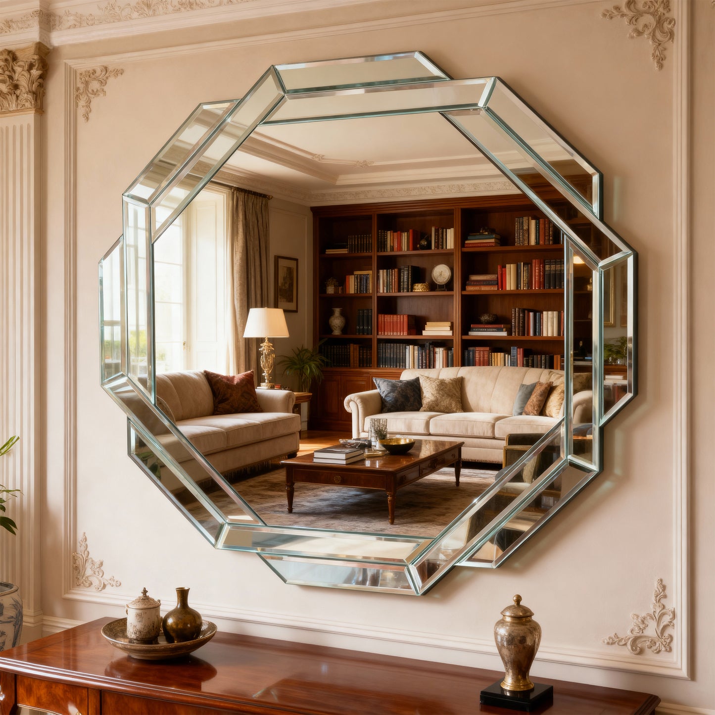 frameless octagonal mirror styled in entryway wall design