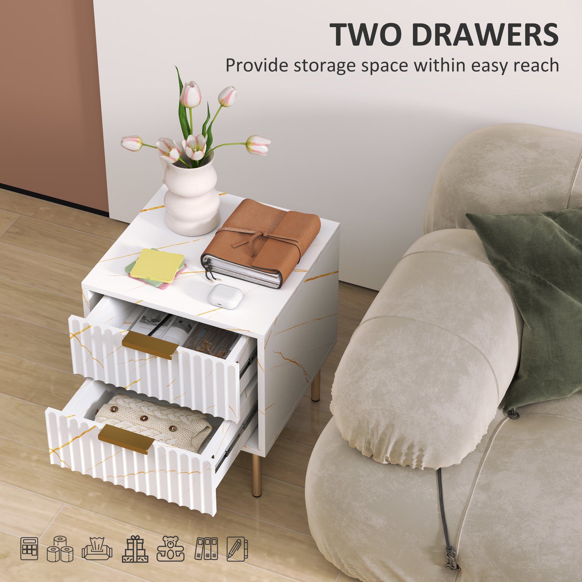 Elegant Two-Drawer Bedside Table - White