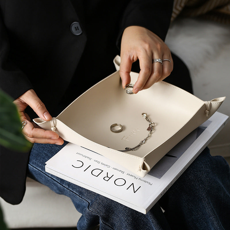 luxury leather tray bedside organizer neutral aesthetic