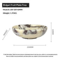 Marble-patterned fruit plate tray with dimensions and weight on a white background