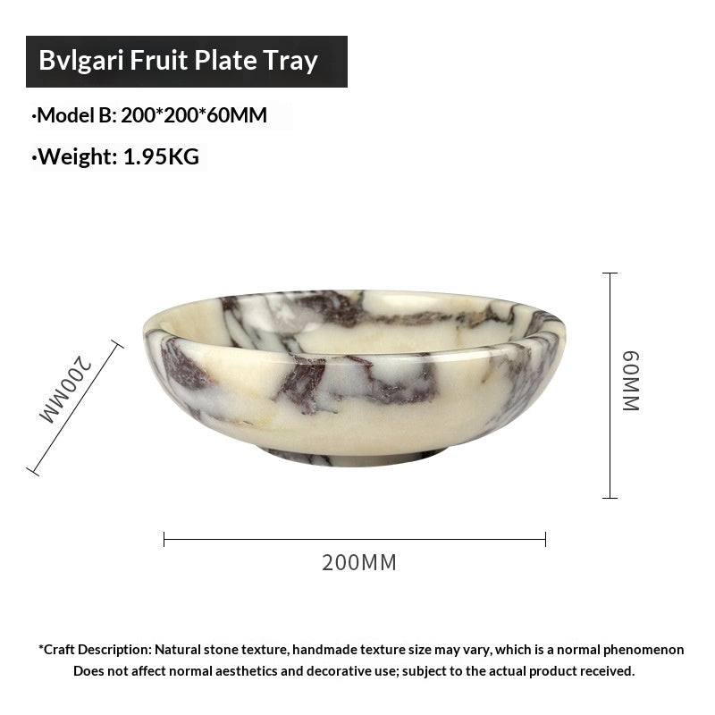 Marble-patterned fruit plate tray with dimensions and weight on a white background