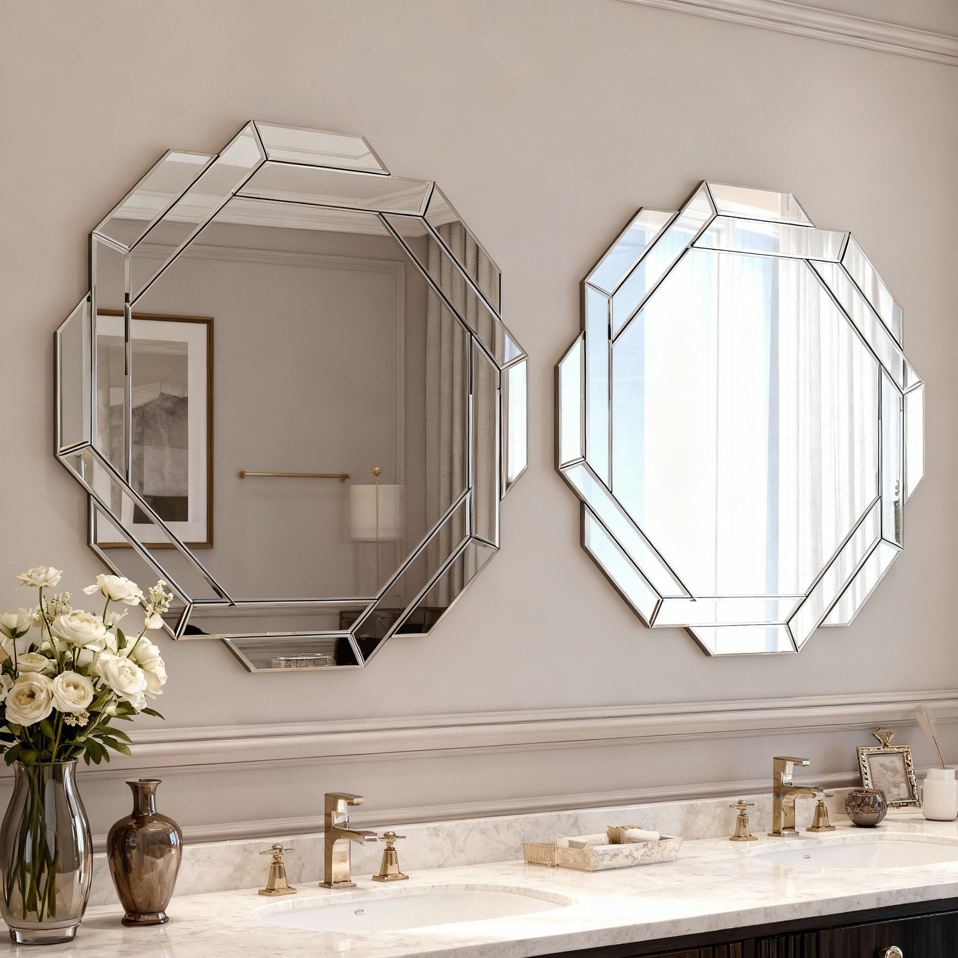 geometric wall mirror reflecting light in modern interior