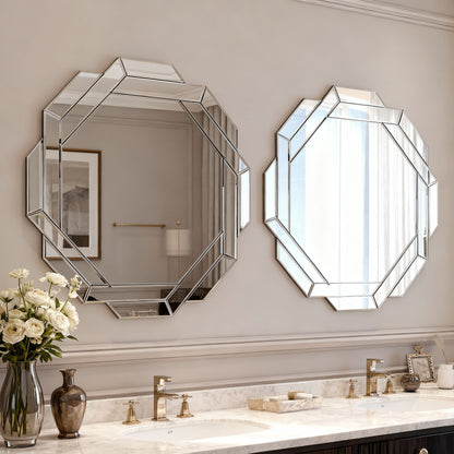 geometric wall mirror reflecting light in modern interior