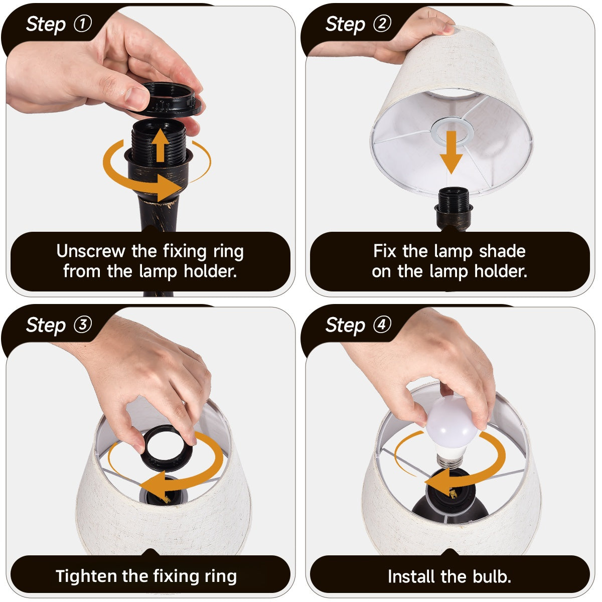 Step-by-step guide on how to install a light bulb with arrows and text labels.