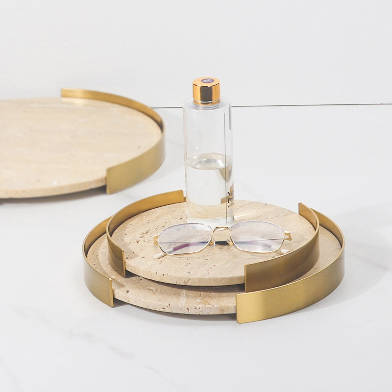 Natural Marble Round Metal Frame Tray Desktop Storage Display Plate