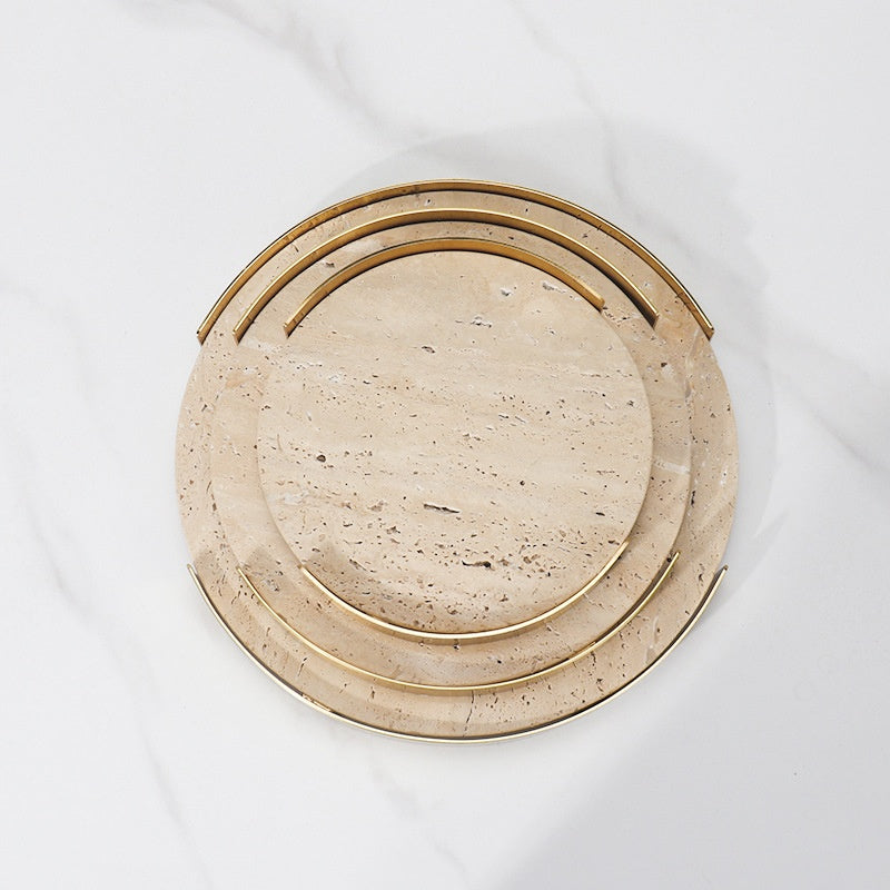 Natural Marble Round Metal Frame Tray Desktop Storage Display Plate