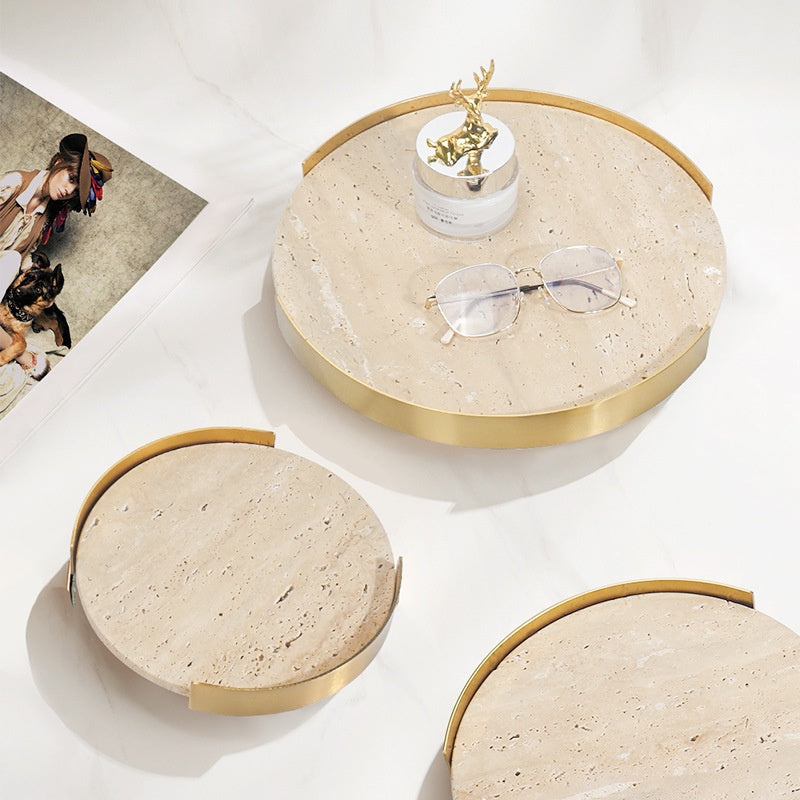 Natural Marble Round Metal Frame Tray Desktop Storage Display Plate