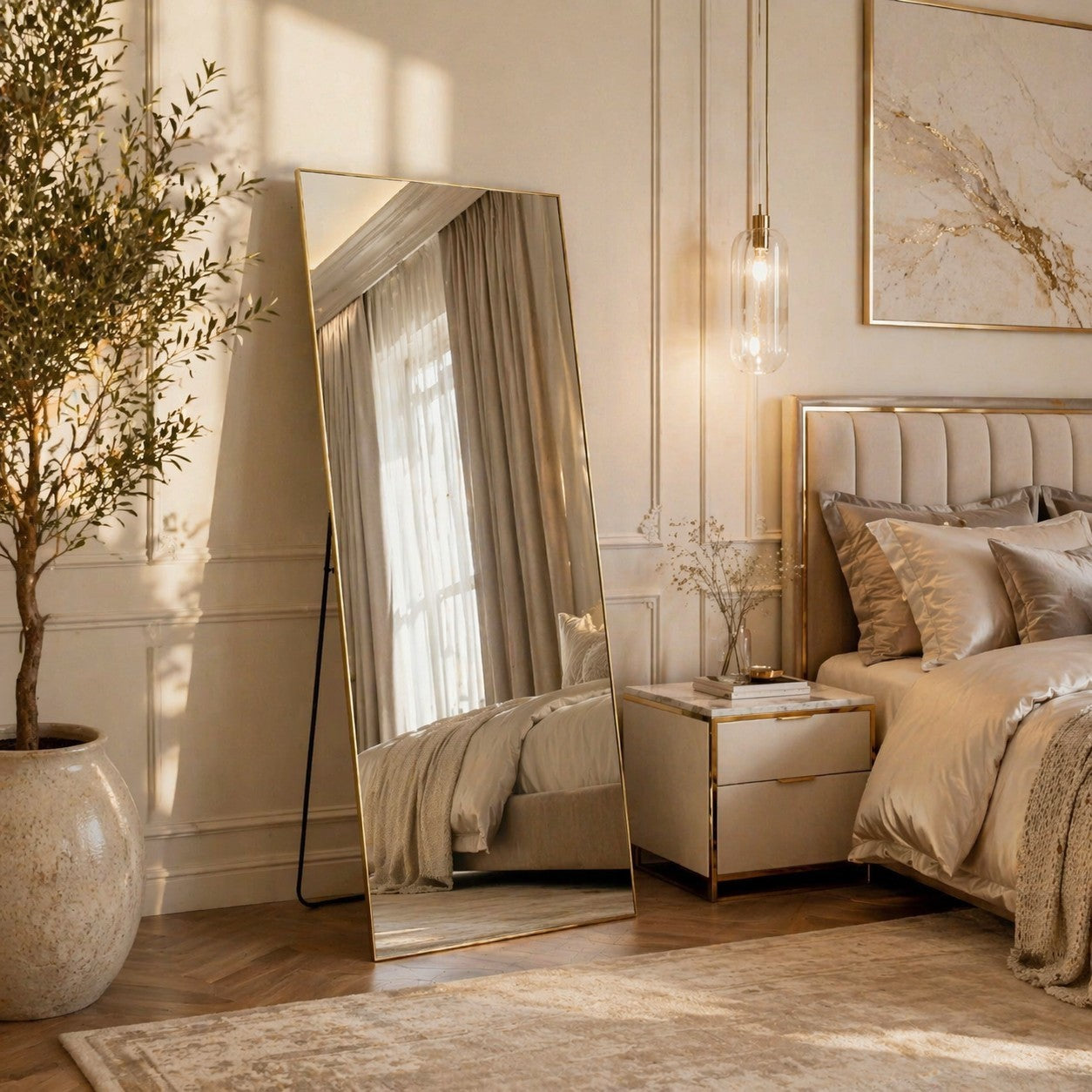 gold full length mirror standing in modern bedroom interior.