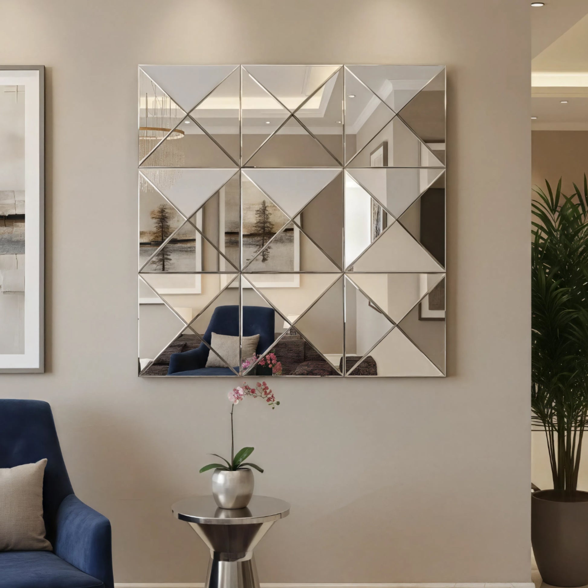 sculptural square mirror reflecting light in contemporary interior