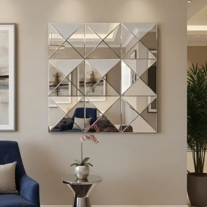 sculptural square mirror reflecting light in contemporary interior