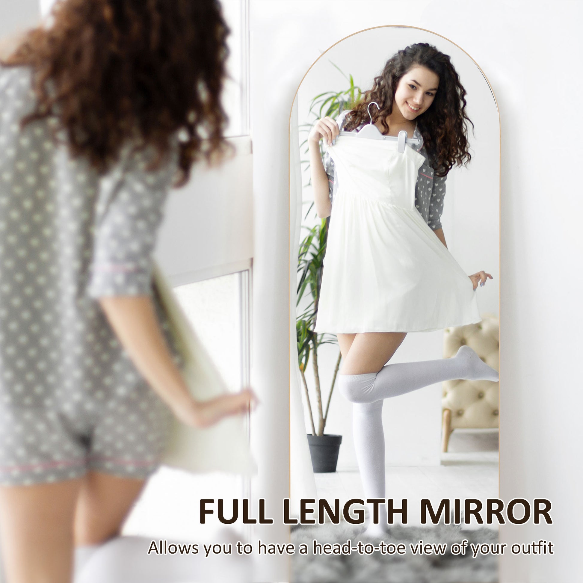 modern bedroom with gold full length mirror reflection