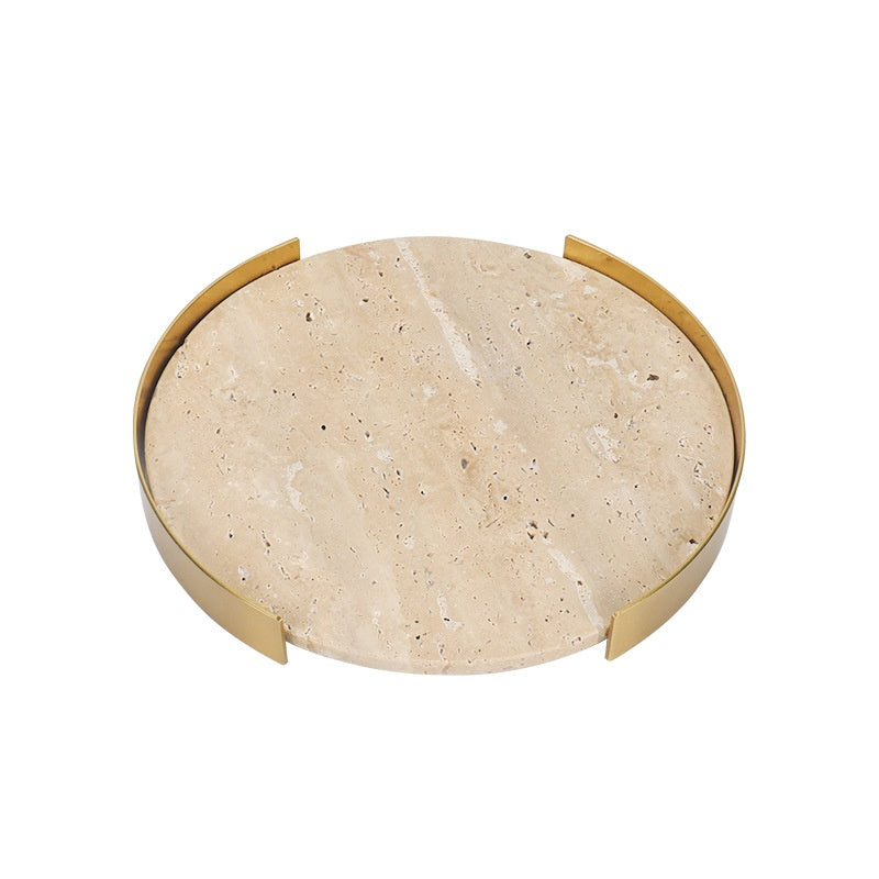 Natural Marble Round Metal Frame Tray Desktop Storage Display Plate