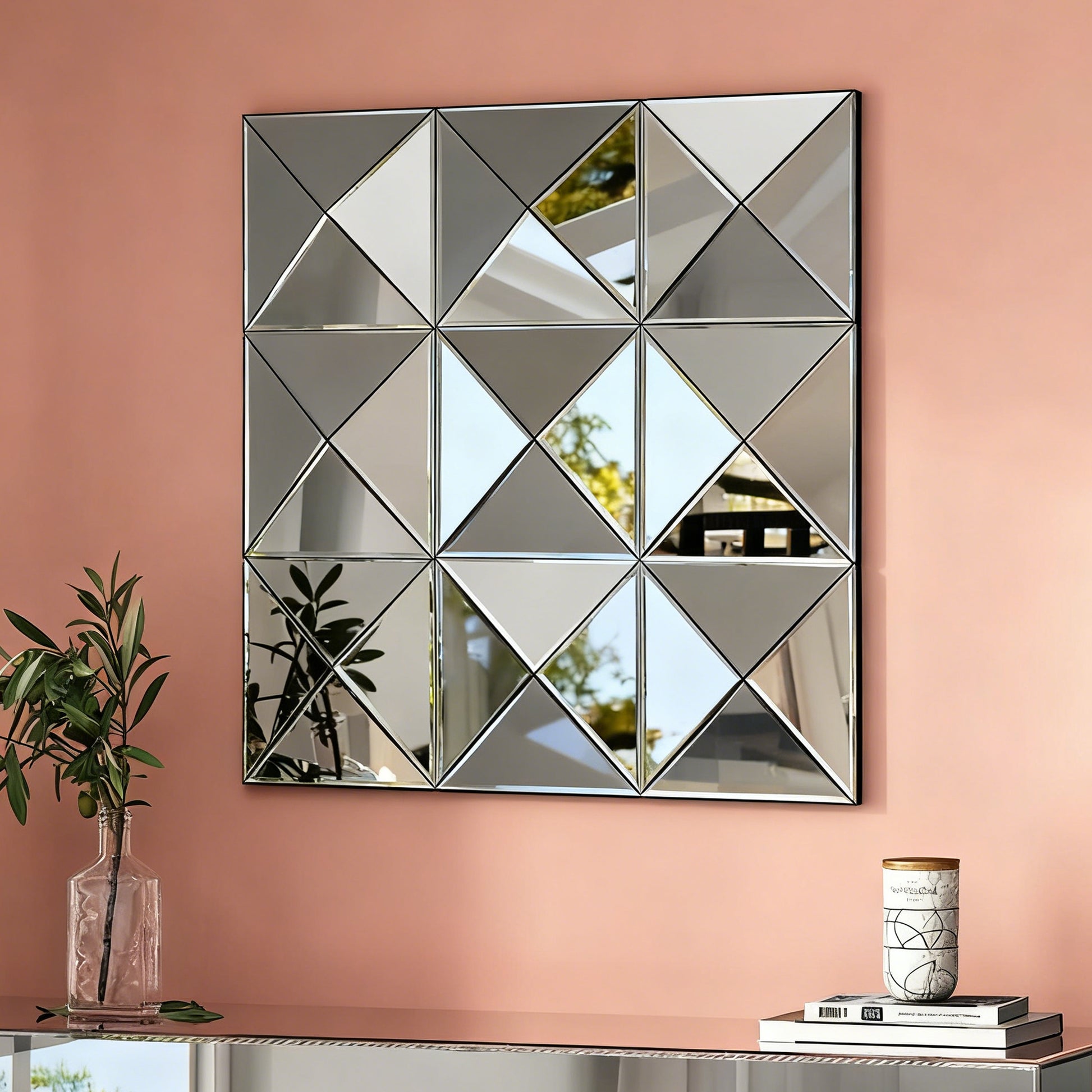 luxury 3d beveled wall mirror in modern living room