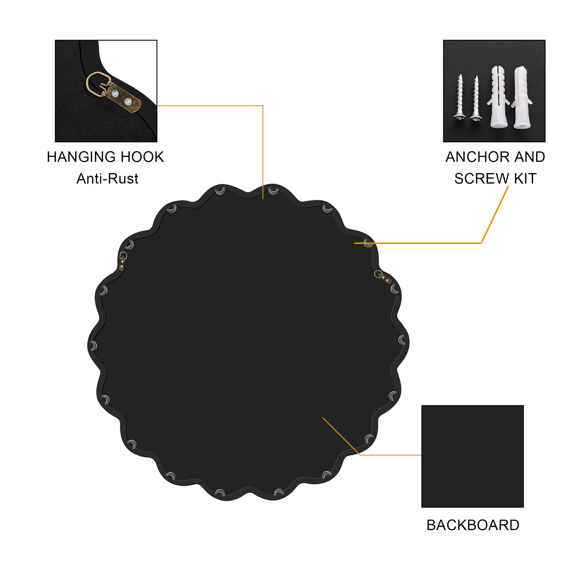 Black round backboard with hanging hook, anchor, and screw kit on a white background