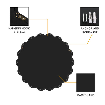 Black round backboard with hanging hook, anchor, and screw kit on a white background