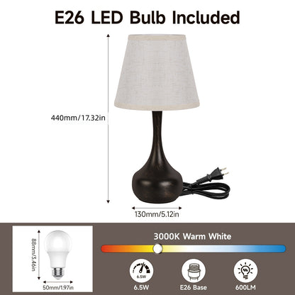 Table lamp with dimensions and bulb information on a white background