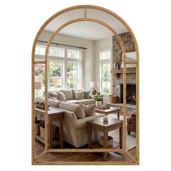 Maison Fontaine arched mirror gold frame in modern entryway