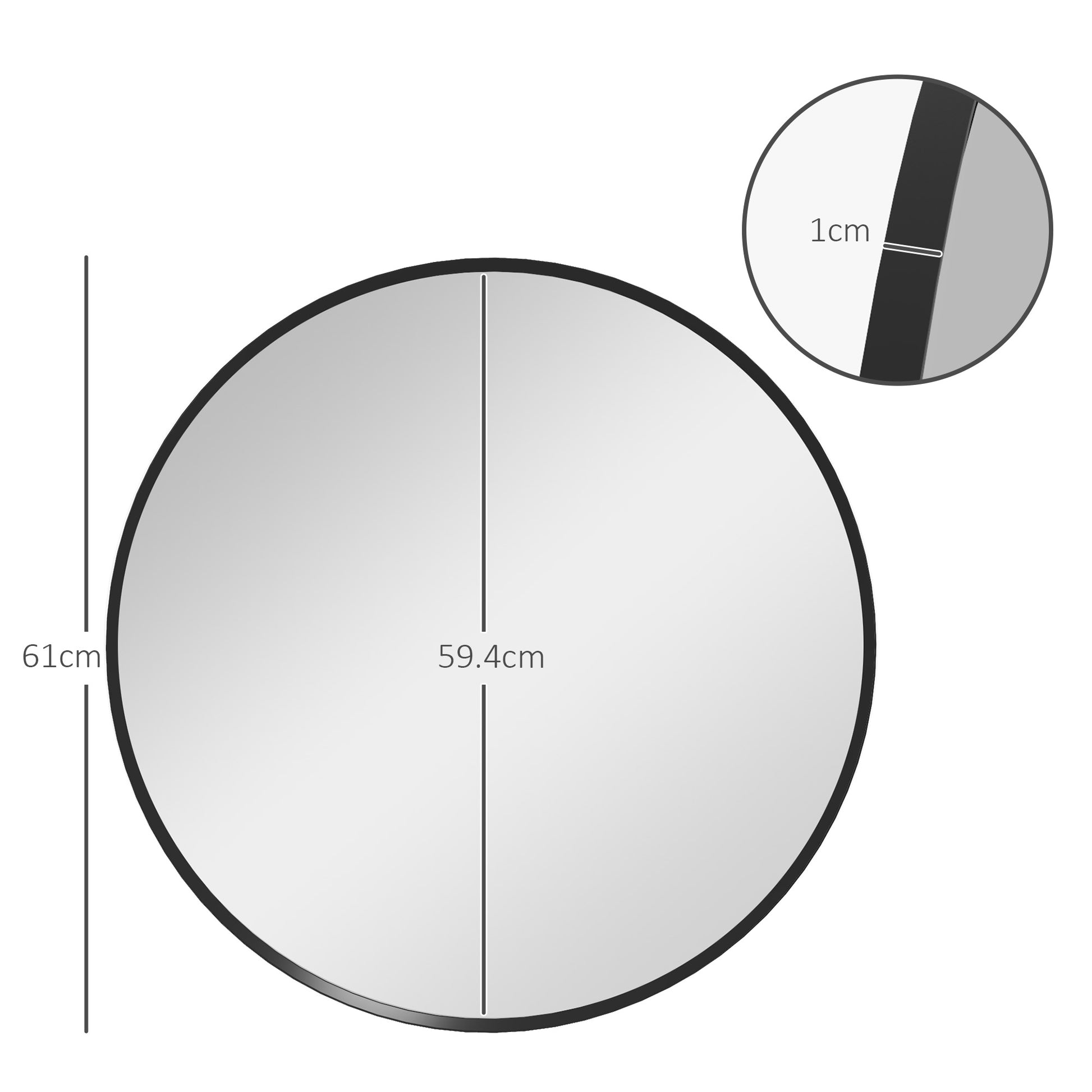 Round mirror with dimensions and a close-up of the border thickness on a white background
