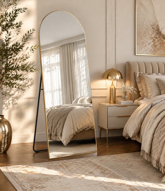 arched full length mirror gold frame bedroom styling