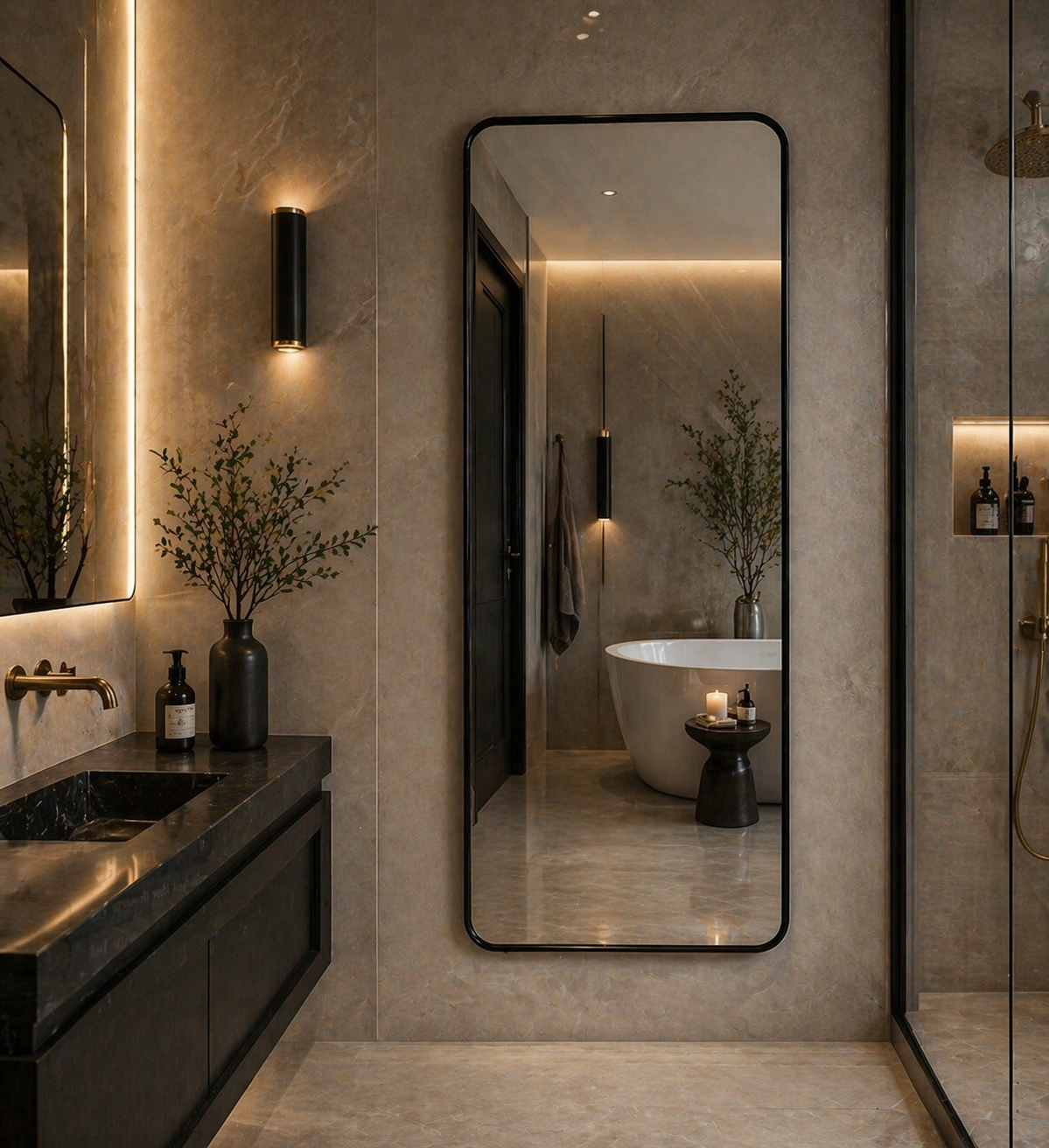 minimalist bathroom styled with large black mirror