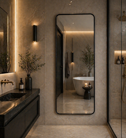 minimalist bathroom styled with large black mirror