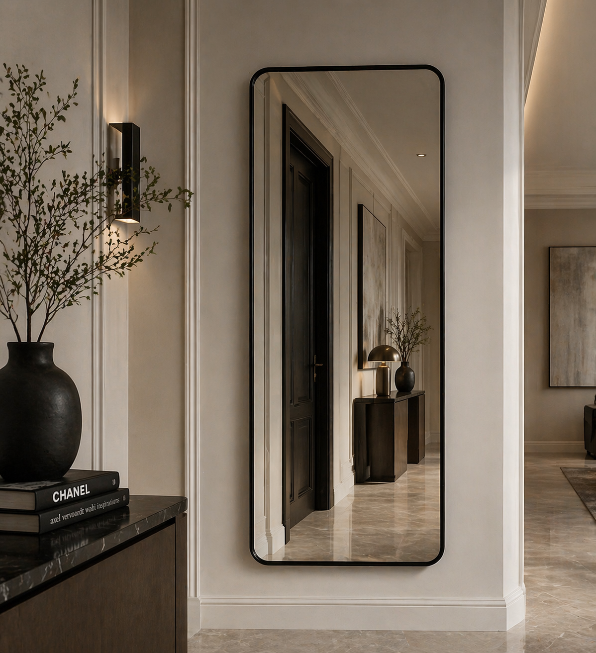 black framed mirror mounted vertically in entryway