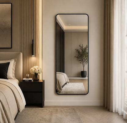 minimalist bedroom styled with large black mirror