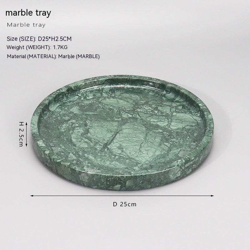 Green marble tray with dimensions and material details on a white background
