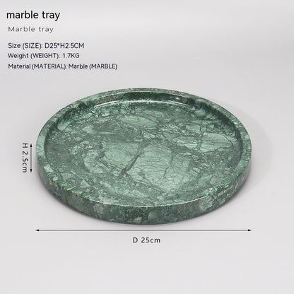 Green marble tray with dimensions and material details on a white background