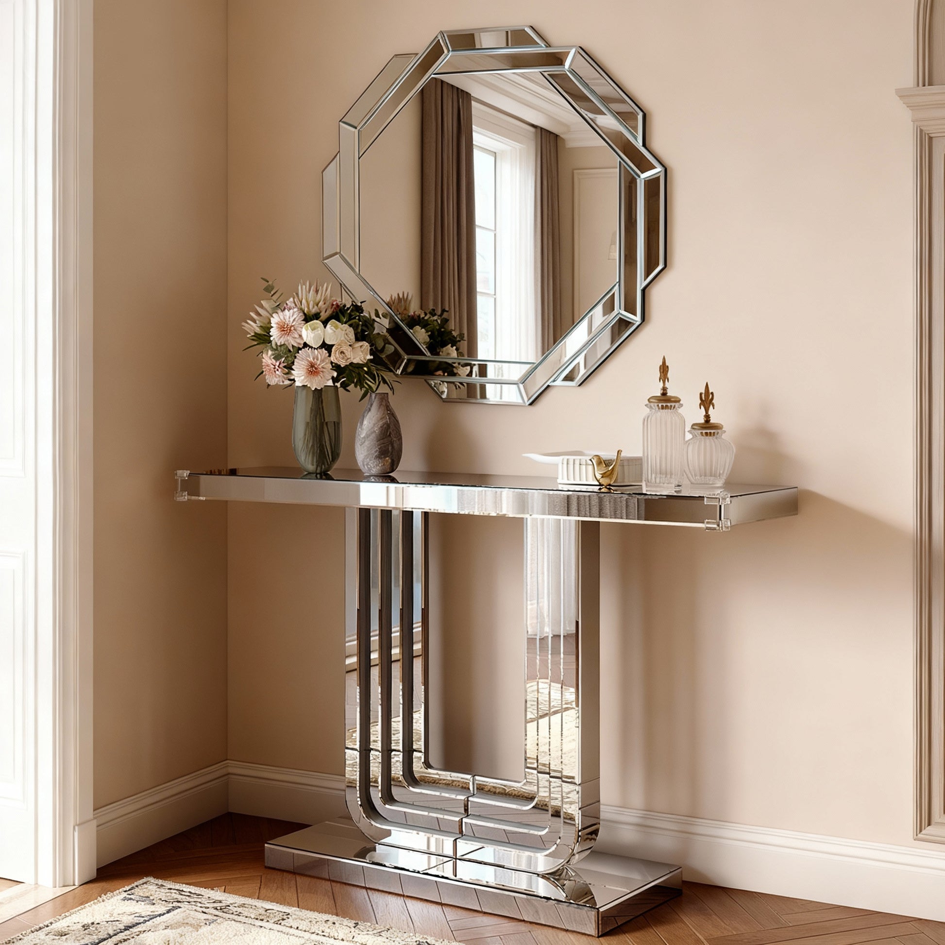 beveled edge mirror in contemporary dining room decor