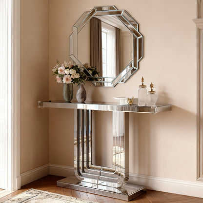 beveled edge mirror in contemporary dining room decor