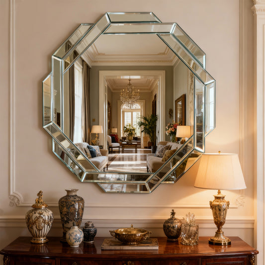 luxury octagonal frameless mirror with beveled edge in living room