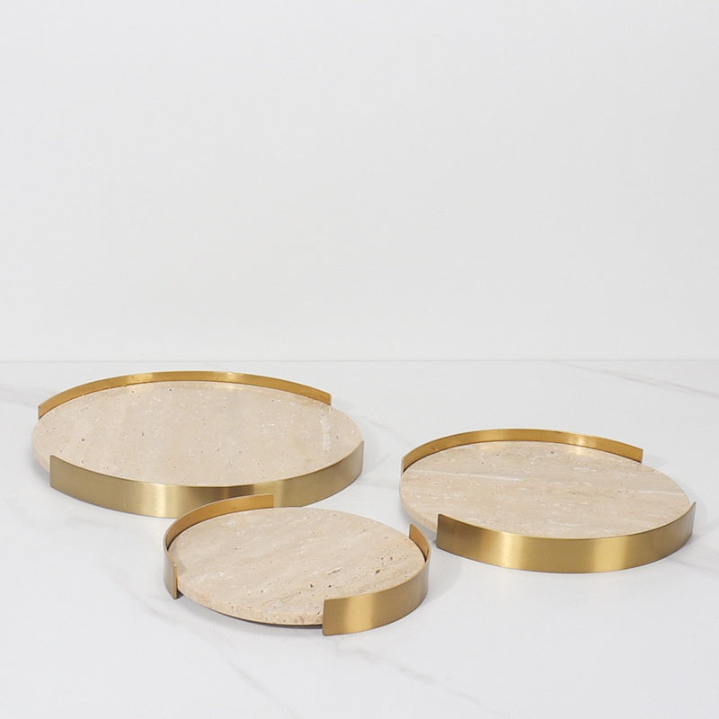 Natural Marble Round Metal Frame Tray Desktop Storage Display Plate