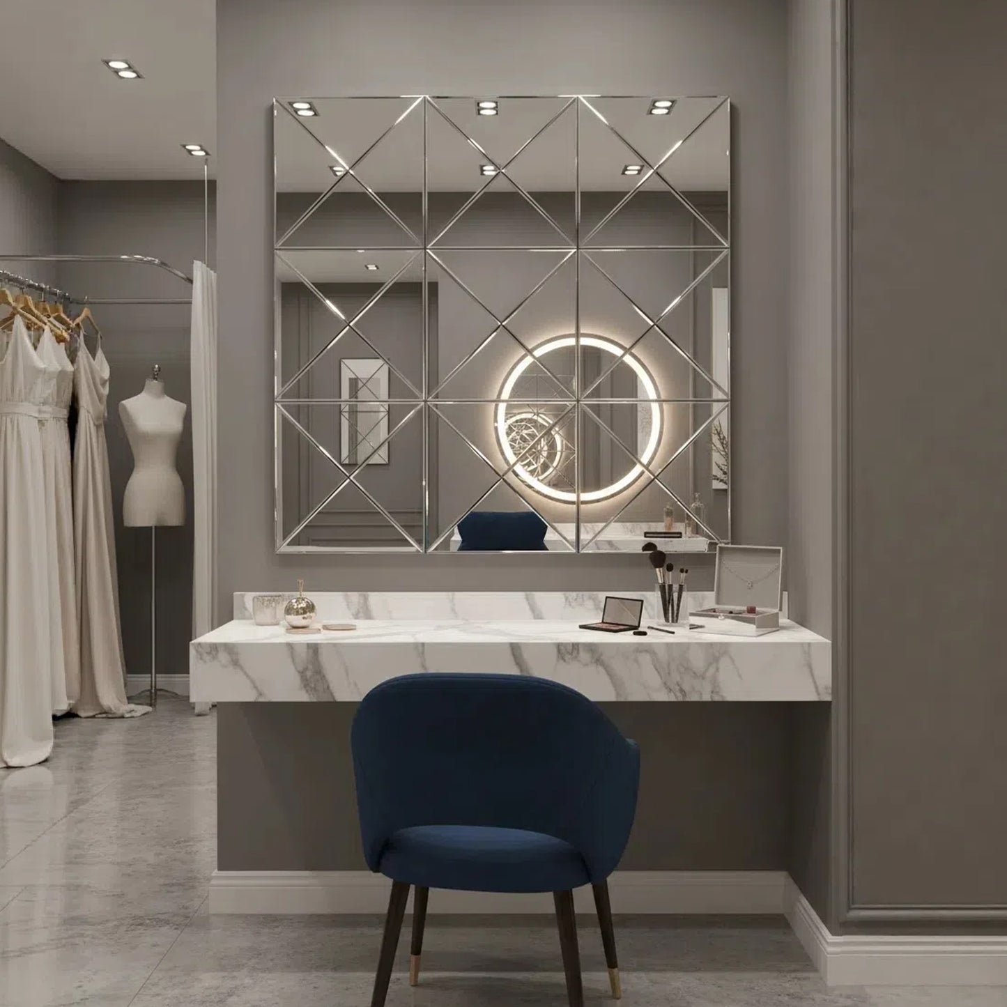 statement beveled mirror in minimalist modern space
