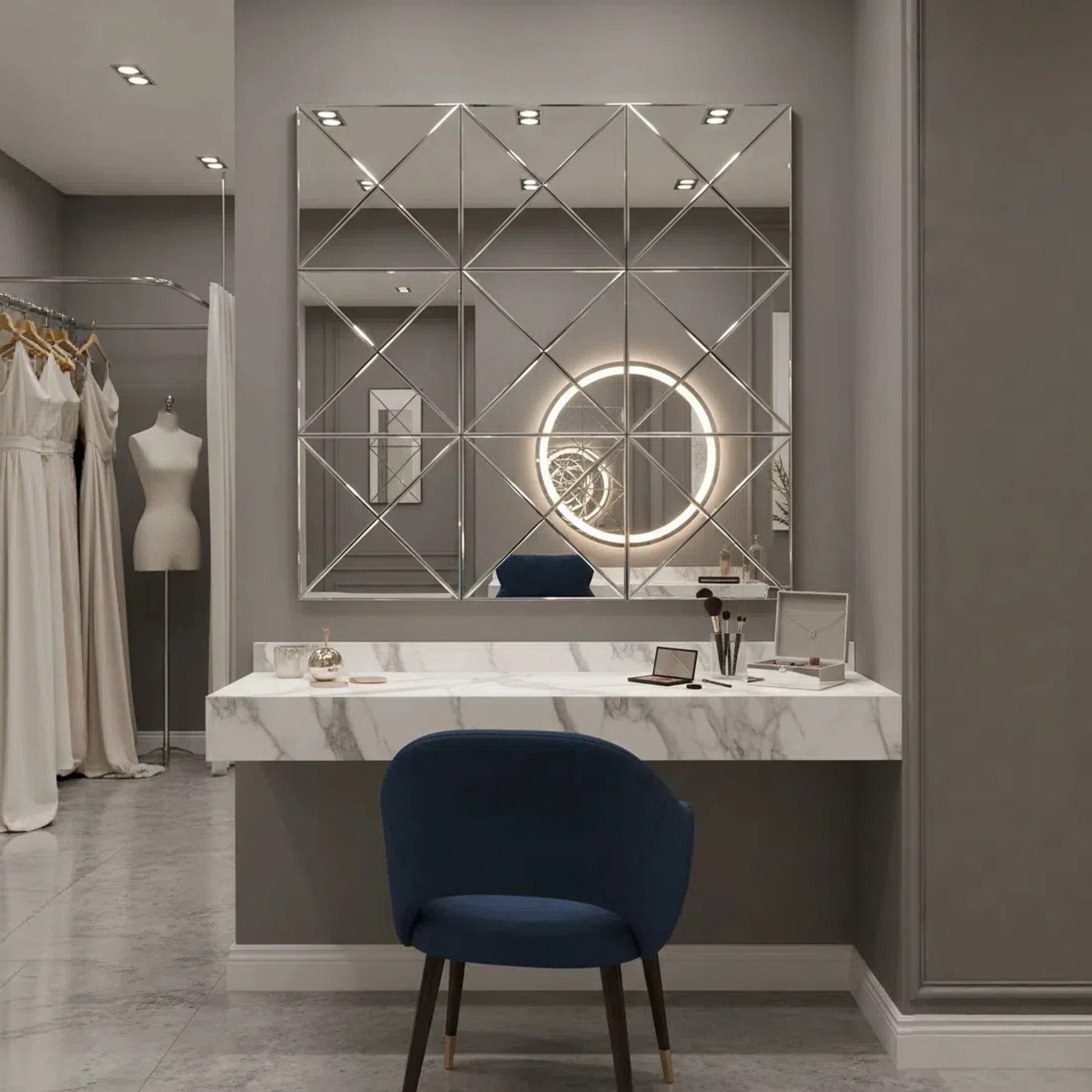 statement beveled mirror in minimalist modern space