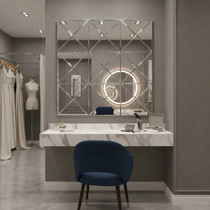 statement beveled mirror in minimalist modern space