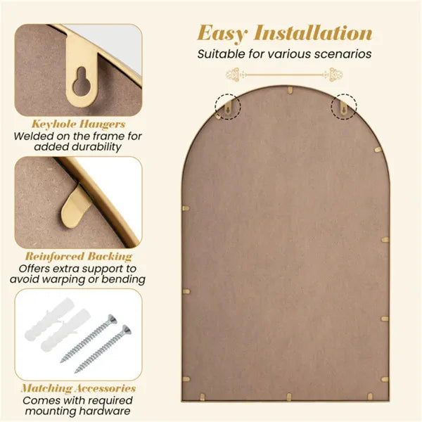 Product packaging with keyhole hangers, reinforced backing, and mounting hardware on a beige background.