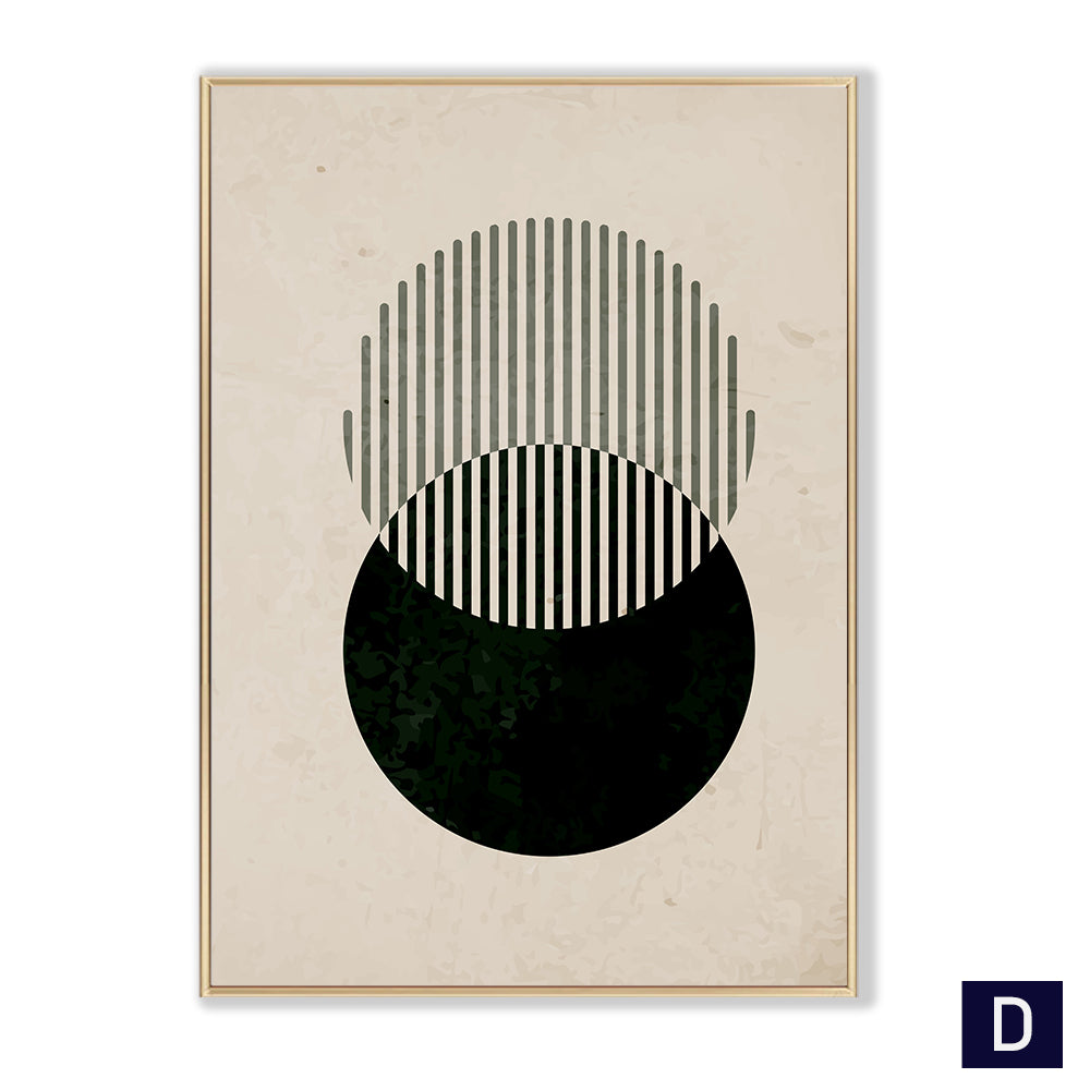 geometric abstract art set above sofa in modern living room