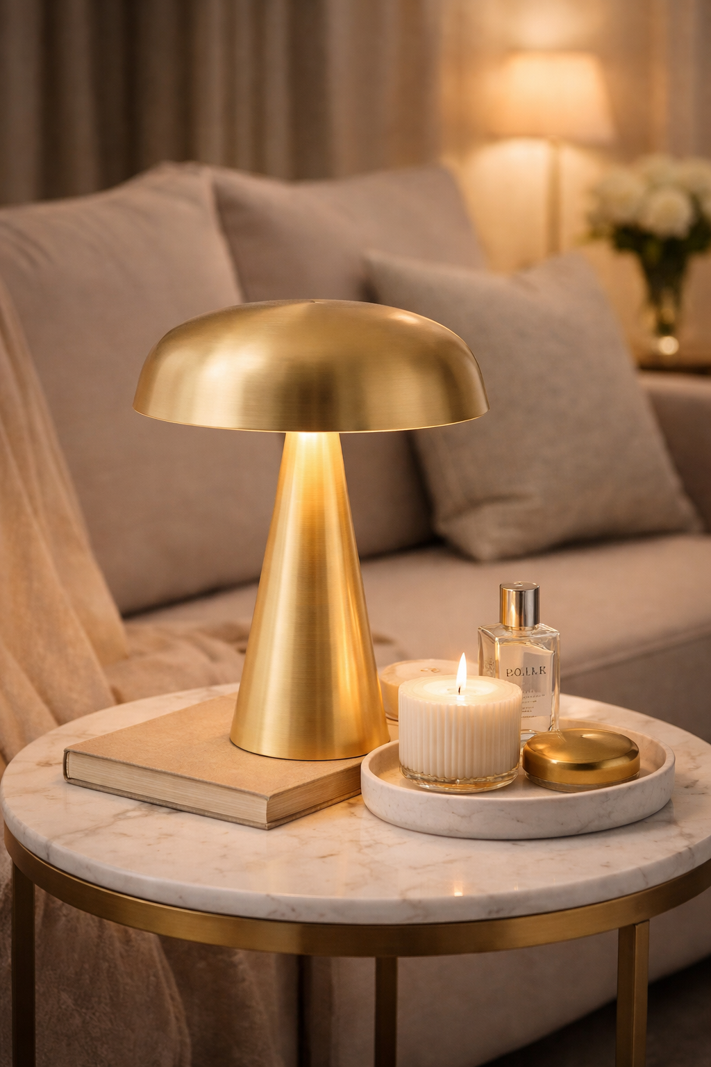 cordless LED table lamp illuminating elegant dining environment