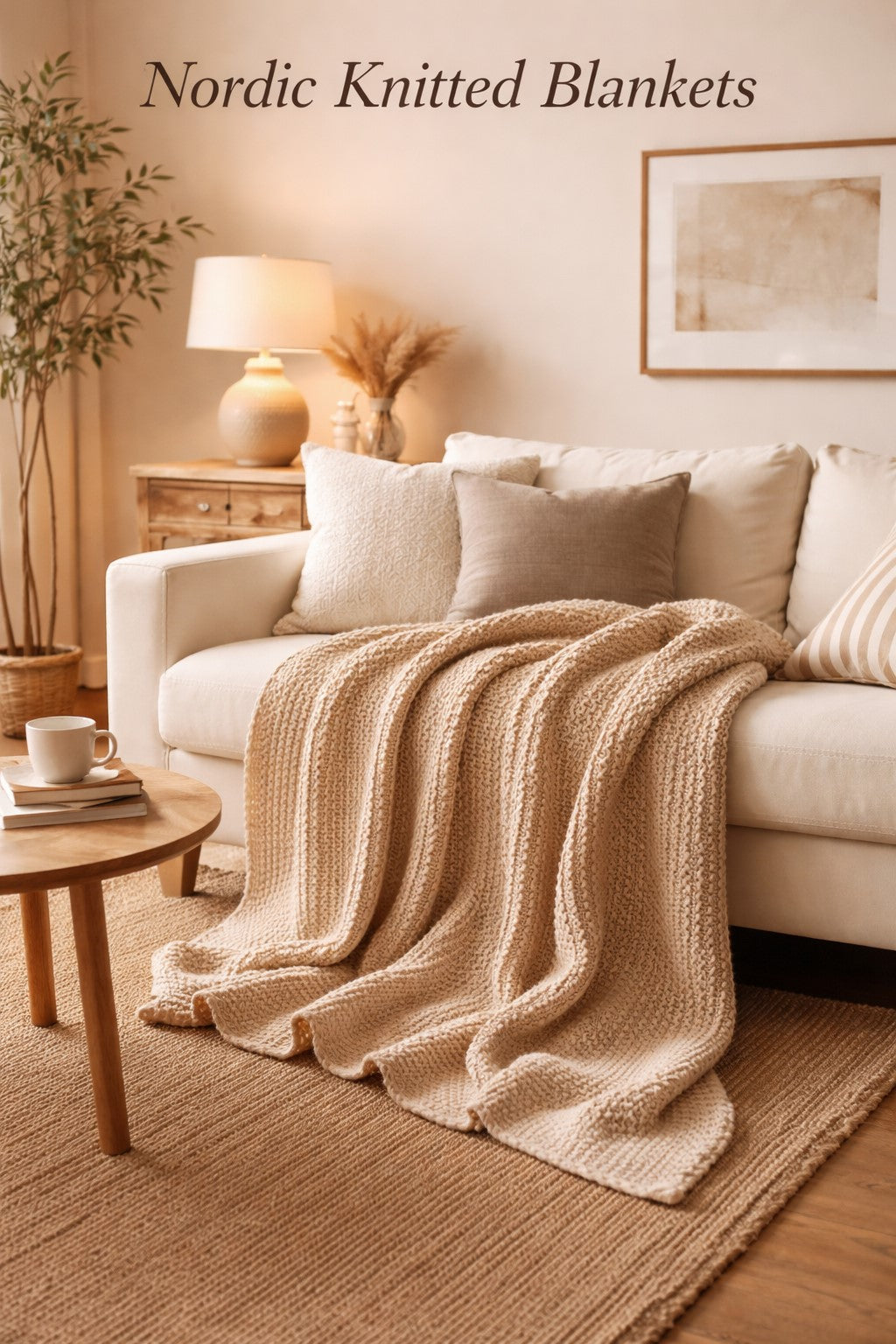 nordic knitted blanket beige throw on sofa neutral living room