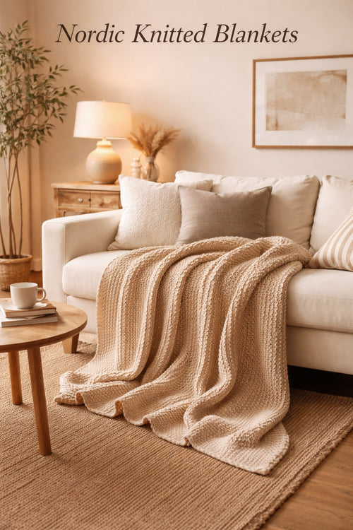 nordic knitted blanket beige throw on sofa neutral living room