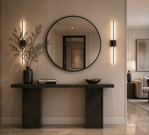 round black wall mirror 61cm in modern bedroom