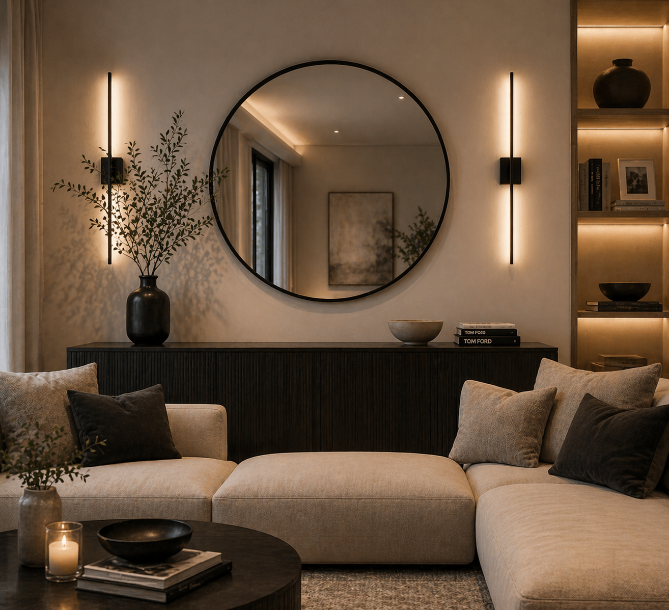 minimalist interior with black round mirror