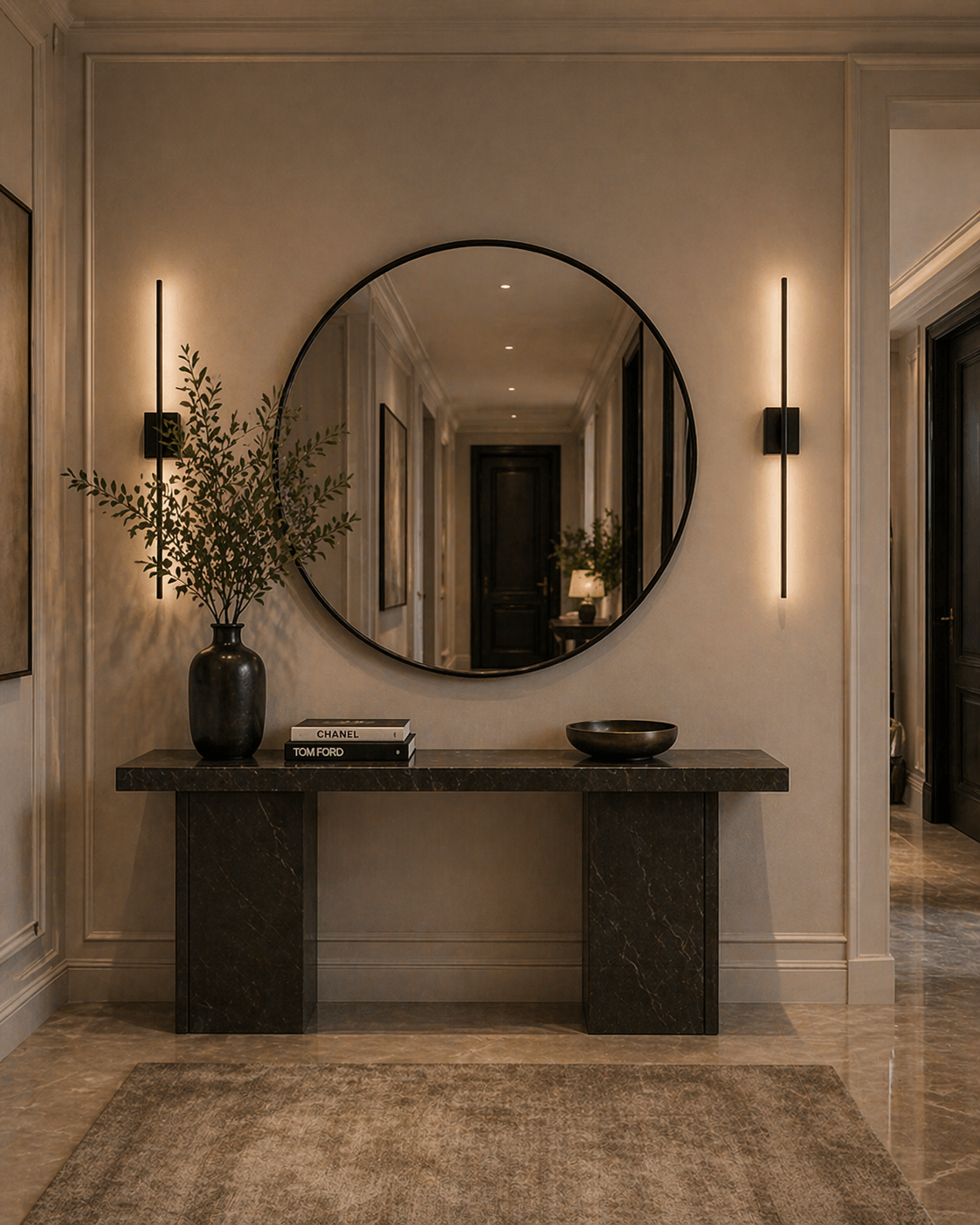 decorative round mirror in hallway setting